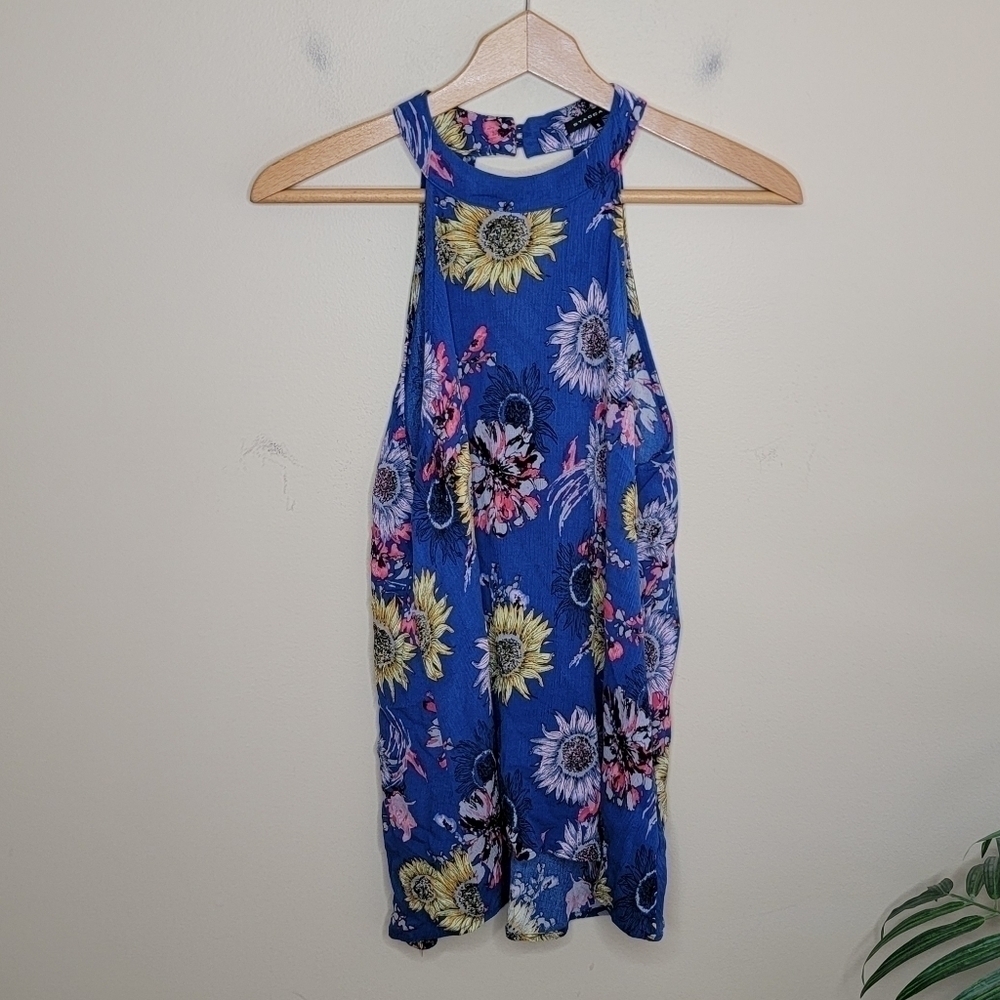 Staccato Blue Yellow Pink Floral Halter Style Tank Top Size Small